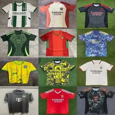 Nine football shirts in different colours arranged in a three by three grid