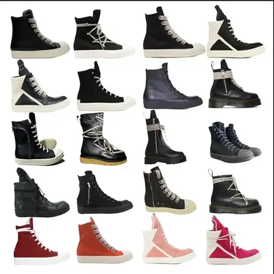 High-top sneakers in black, white and red laid out in a grid