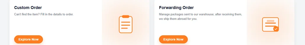 Two cards from the OOTDBUY home page, one headed Custom Order offering to order an item from details you fill in, and one headed Forwarding Order offering to manage packages already sent to the warehouse and ship them abroad