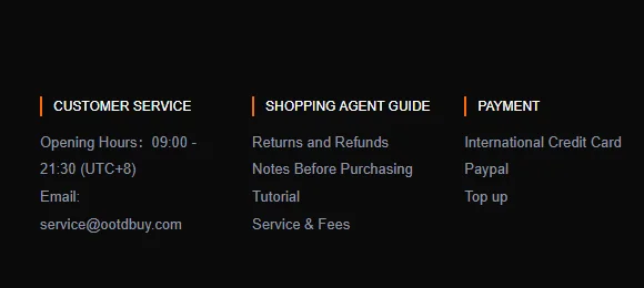 OOTDBUY footer columns showing customer service opening hours of 09:00 to 21:30 UTC+8, the support email address, and the shopping agent guide links