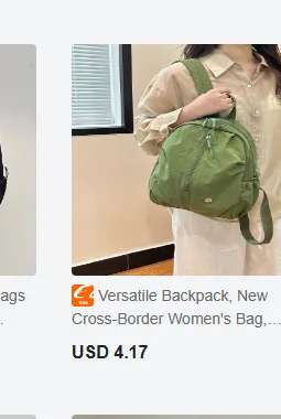 A single catalogue card showing a green cross body bag, a marketplace badge, a title truncated after the words New Cross-Border Womens Bag, and a dollar price