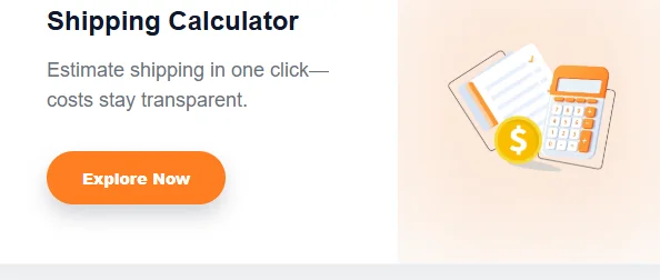 OOTDBUY home page card for the shipping calculator, reading estimate shipping in one click, costs stay transparent, with an explore now button